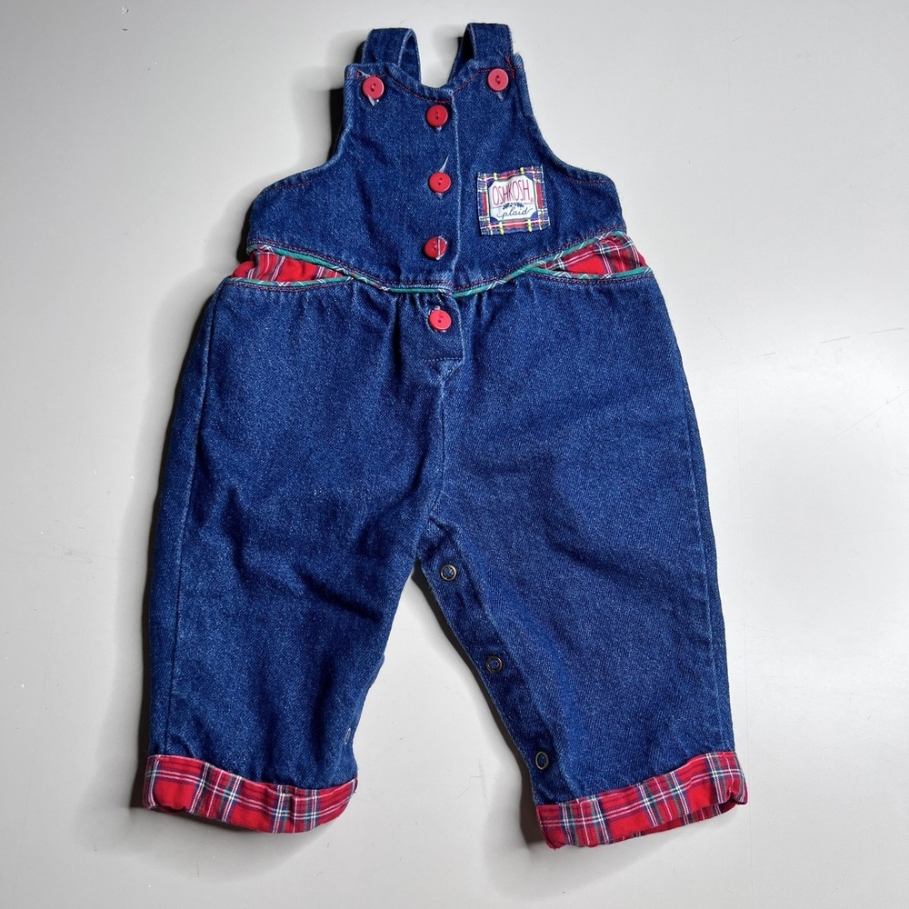 Vintage OshKosh B'gosh Overalls Girls 3-6 Months Blue Denim Plaid Vestbak Romper